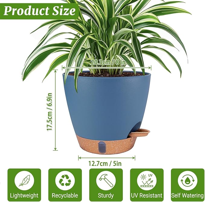 2 Pack 8 inch Plant Pots, Plastic Self Watering Planters - Image 8