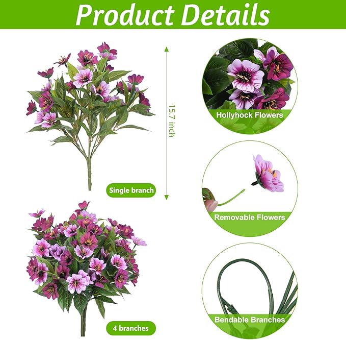Fake Artificial Flowers for Outdoors Decoration, 4 Bundles Silk Faux Spring - Image 2
