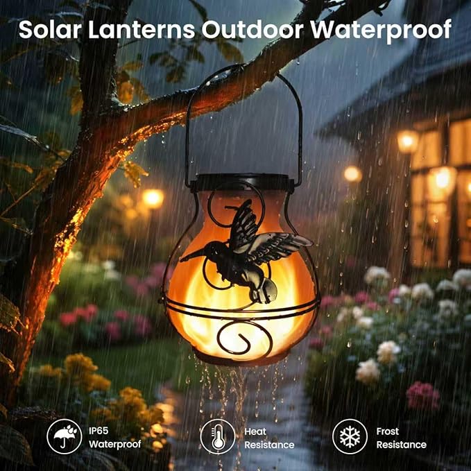2 Pack Solar Lanterns Outdoor Waterproof Flickering Flame Lights Hummingbird - Image 3