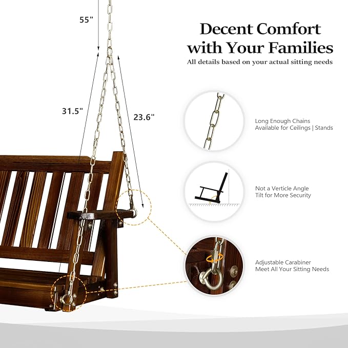 VINGLI Upgraded Heavy Duty 880 LBS 4 FT Patio Wooden Porch Swing Solid Fir Wood - Image 4