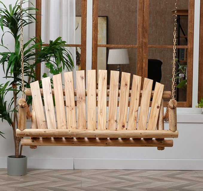 Outdoor Porch Swing Front Porch Hanging Wooden Bench Swing 2 Seat Chair - Image 2