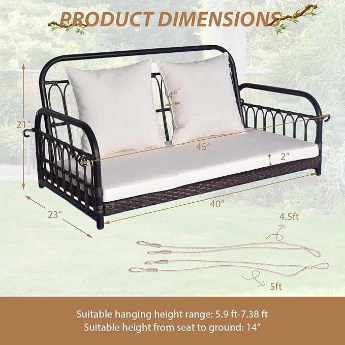 Tangkula Outdoor Wicker Porch Swing, 2-Person Hanging Seat - Image 4