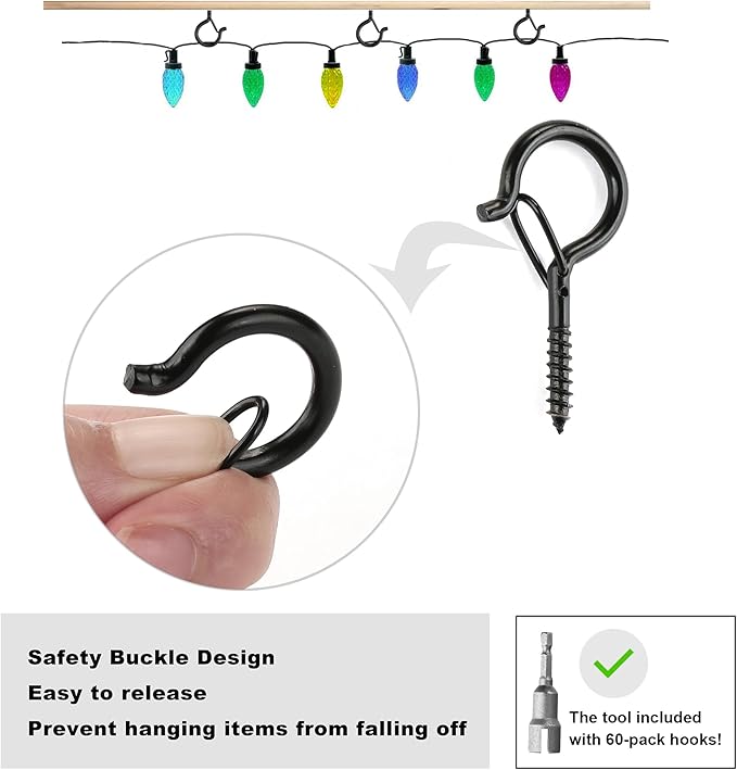 PlusRoc 60 Pack Ceiling Hooks for Hanging Plants Outdoor String Lights Heavy - Image 4