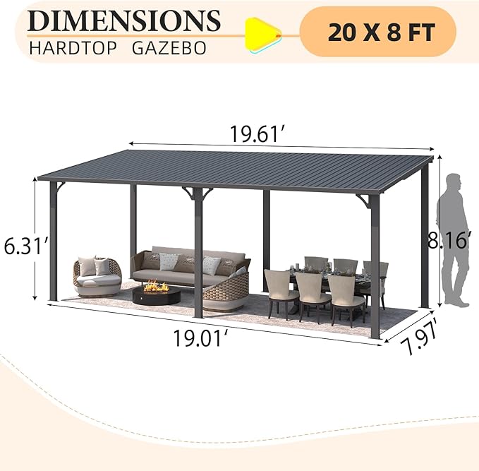 AECOJOY 8' x 20' Outdoor Hardtop Metal Gazebo - Image 6