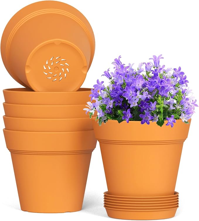 5 Inch Plastic Plant Pots with Drainage Holes and Trays – 6 Pack Small Nursery by WSMKSZ