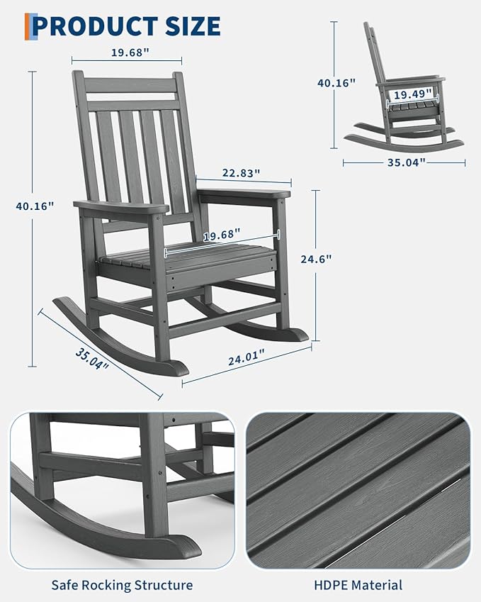 GarveeLife Poly Lumber Rocking Chair Outdoor Set of 2- HDPE High Back Porch - Image 2