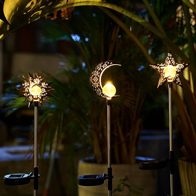 Solar Garden Stake Lights, Moon Sun Star Yard Decorations Outdoor 3 Pack Solar - Image 5