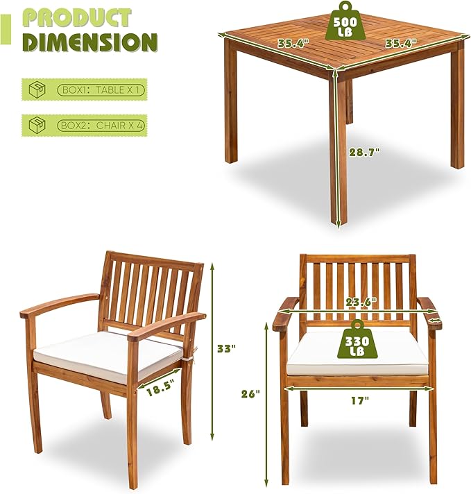 Flamaker 5 Piece Outdoor Dining Set Acacia Wood Patio Table and Chairs - Image 5