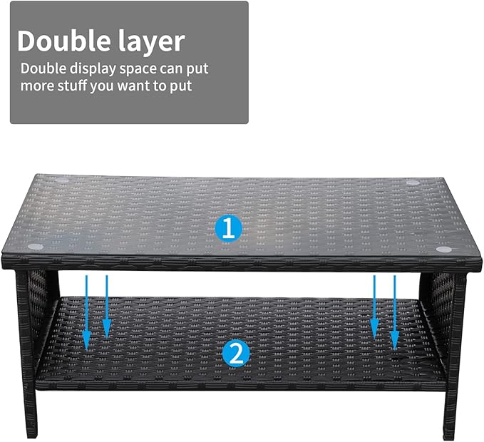 Outdoor Wicker Coffee Table Patio Furniture Garden Rattan 2-Layer Glass Table - Image 7