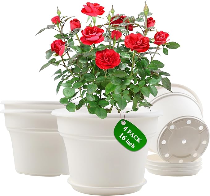 16 inch Plastic-Flower-Pot-for-Indoor-Plants, 4 Pack Large Outdoor Planter Pot by Pottiffe