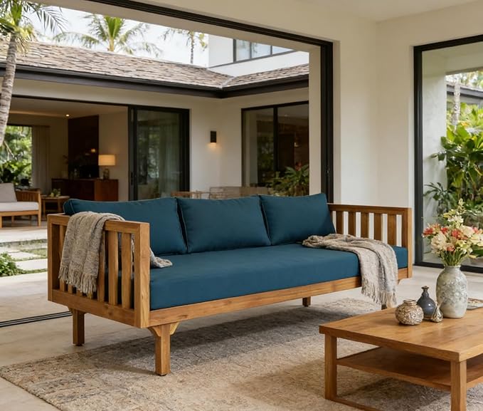 Merax Solid Acacia Wood Couch Chaise Lounge Chair Indoor, 3 Seater Daybed Sofa - Image 3