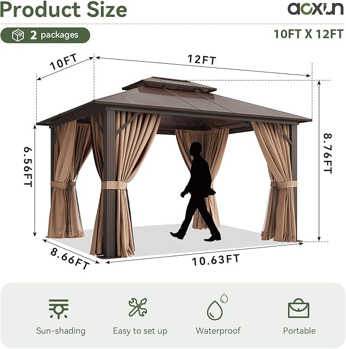 Aoxun 12'x10' Hardtop Gazebo, Aluminum Frame Permanent Pavilion - Image 4