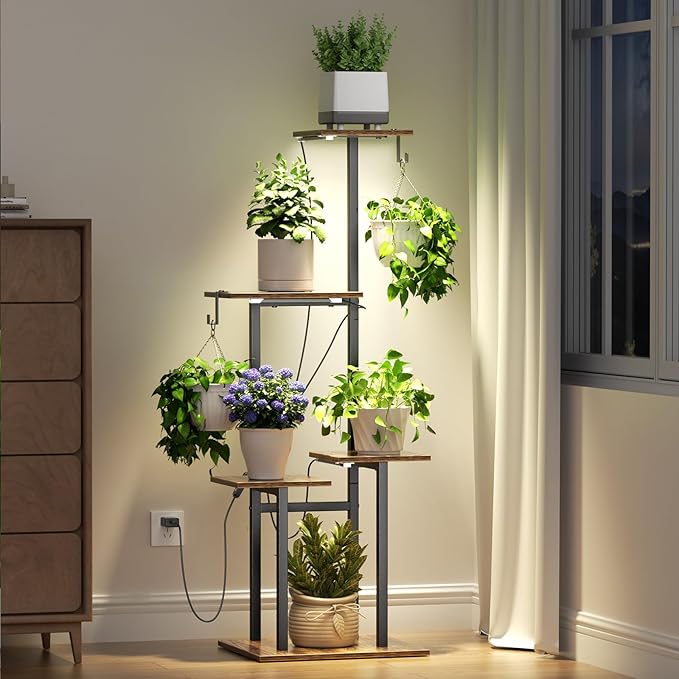 Plant Stand Indoor with Grow Lights, 2 Hanging Hooks, 5-Tiered Tall Plant by Unlumm