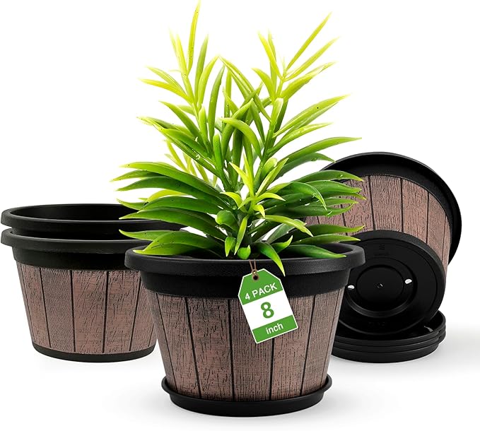 Quarut 4 Pack 8 inch Plant Pot, Upgrade Whiskey Barrel Planters by Quarut