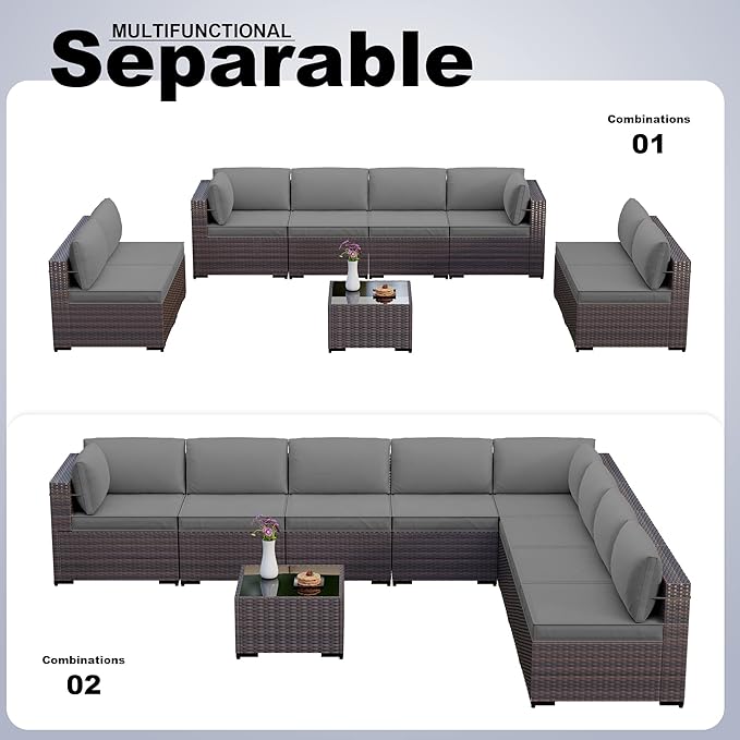 Kullavik 9 Pieces Outdoor Patio Furniture Set PE Wicker Rattan Sectional Sofa - Image 4
