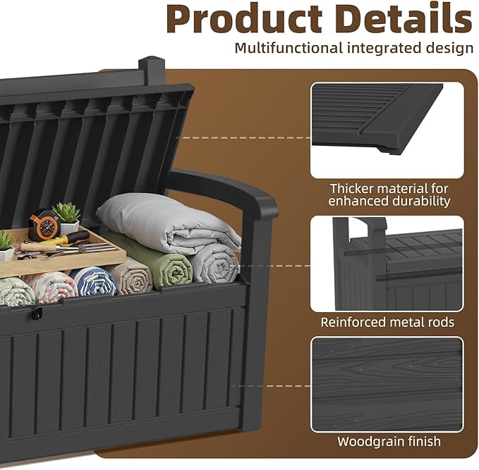 EasyUp 80 Gallon Wood Grain Style Outdoor Storage Bench, Waterproof and - Image 6