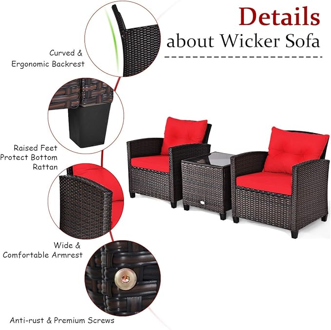 Tangkula 3 Pieces Patio Furniture Set, PE Rattan Wicker 3 Pcs Outdoor Sofa Set - Image 6