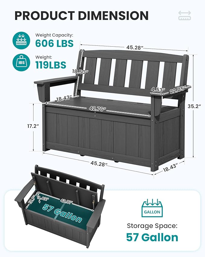 SERWALL HDPE Outdoor Storage Bench, All-Weather, UV-Resistant Deck Box - Image 3
