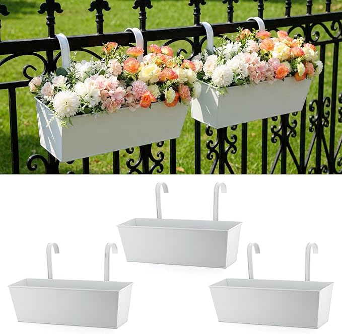 3 Pack Metal Railing Planters, 16 Inch Large Rectangular Hanging Flower Pots by MeltsetM