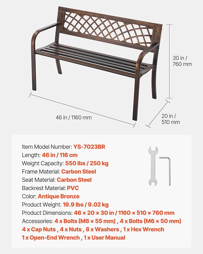 VEVOR Outdoor Bench, 46 inch, Carbon Steel Metal Frame - Image 8