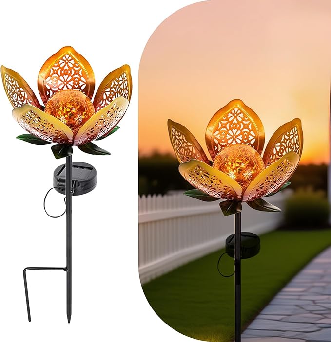2Pack Solar Lights Outdoor Garden Decor, LED Lotus Flower Lamp, Metal Tulip - Image 8