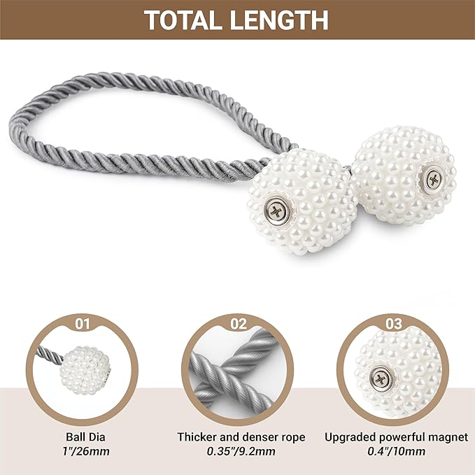 Hion Magnetic Curtain Tiebacks Grey 6 Pack, Curtain Tiebacks Buckles Holdbacks - Image 2