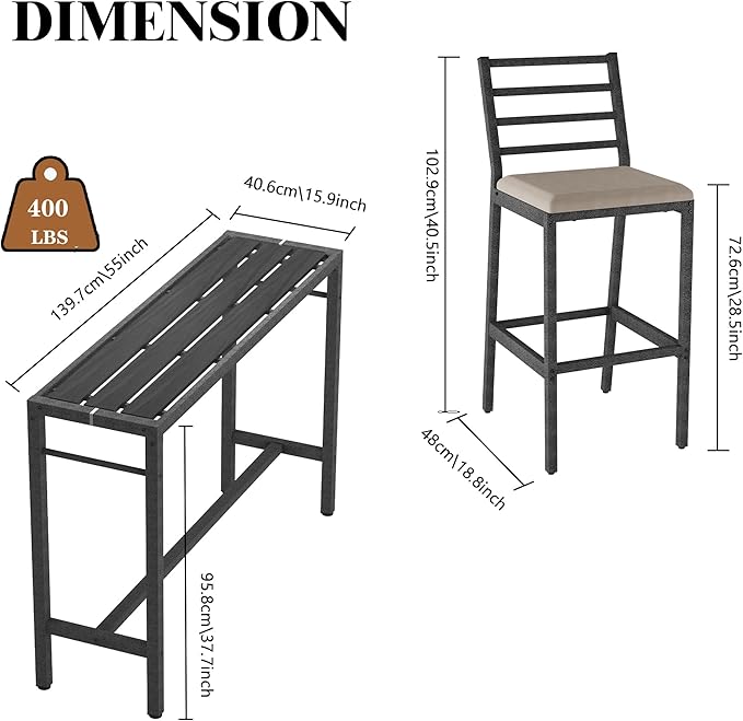 3Pcs Outdoor Patio Bar Set, Metal Pub Height Bistro Table Set - Image 2