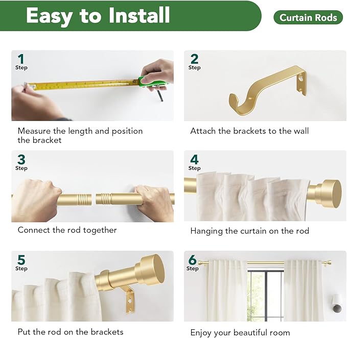 Time Forest Curtain Rods for Windows 28 to 48, 1 Inch Adjustable Gold Heavy - Image 9