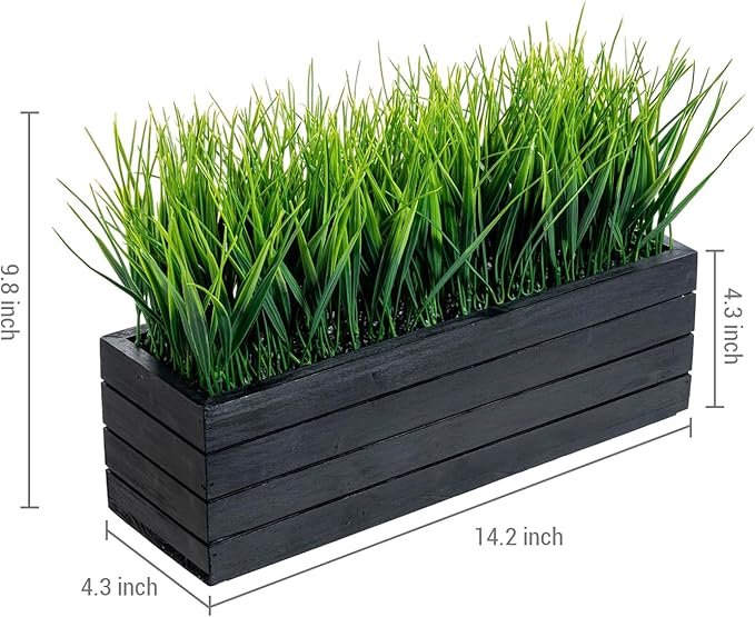 MyGift 14 Inch Artificial Green Grass Plant in Vintage Black Wood Planter - Image 5