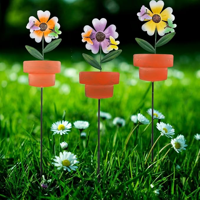 Metal Garden Stakes Decor, 3 Pack Flowers Pot Decorative Garden Stakes - Image 4