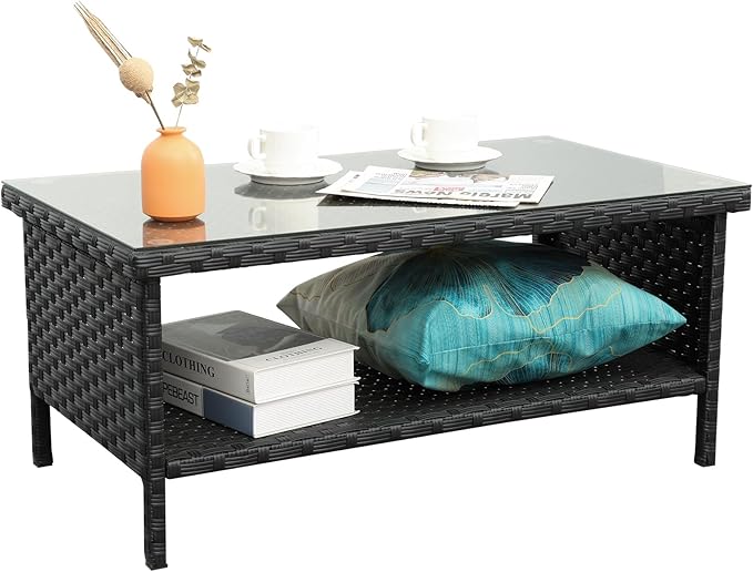 Outdoor Wicker Coffee Table Patio Furniture Garden Rattan 2-Layer Glass Table by Rattaner