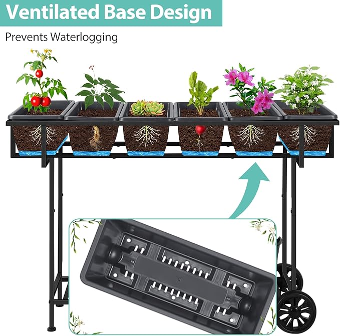 YBING Raised Garden Bed with Wheels Outdoor Elevated Planter Box Stand 6 Pocket - Image 3