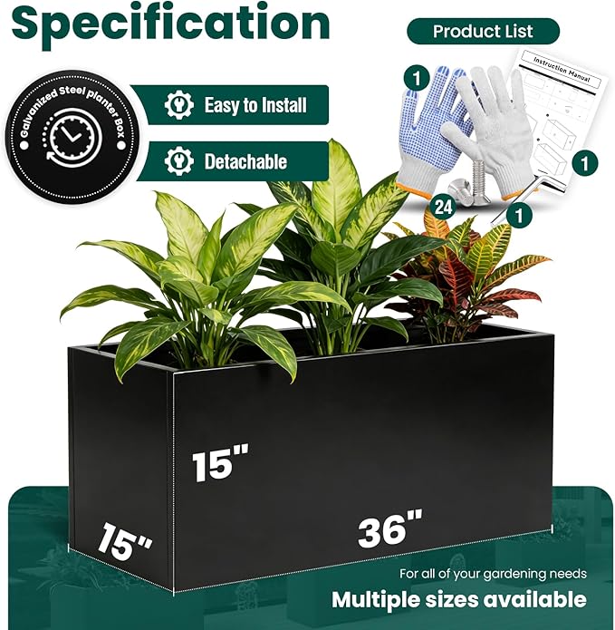 Metal Rectangular Planter Black Galvanized Steel Rectangle Planter Box 36" L x - Image 3