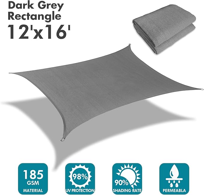 KANAGAWA Sun Shade Sail 12'x16' Dark Gray Rectangle UV Block Canopy Awning - Image 2