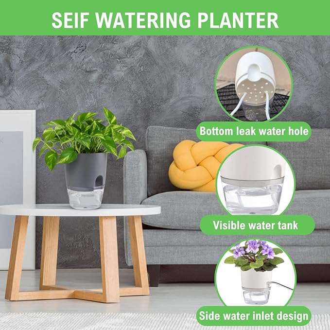 3.2 Inch Self Watering Planters Plastic Planter Pots 5 Pack Wicking Flower Pots - Image 7