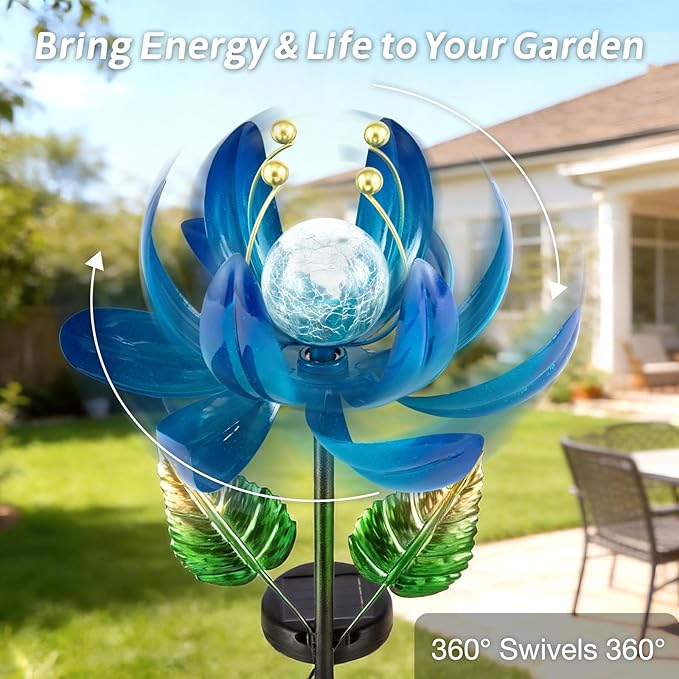 Solar Garden Lights Metal Flower Decor, Colorful Lotus Pathway Spinning Windmill - Image 4
