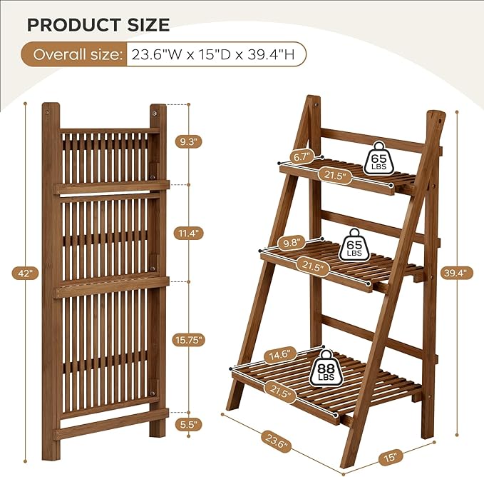 39.4" Bamboo Ladder Shelf Plant Shelf, 3 Tier Foldable Ladder Flower Pot - Image 4