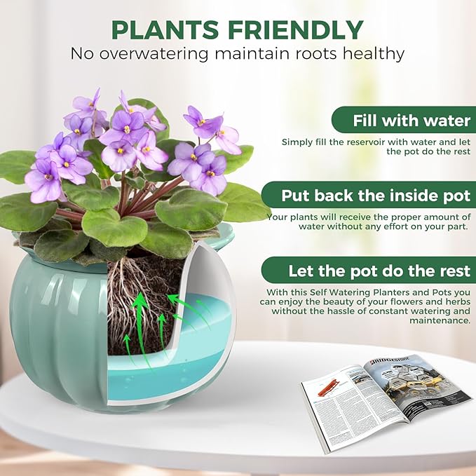 BUYMAX African Violet Pots, 6 inch Pumpkin-Style Ceramic Easy Self Watering - Image 2