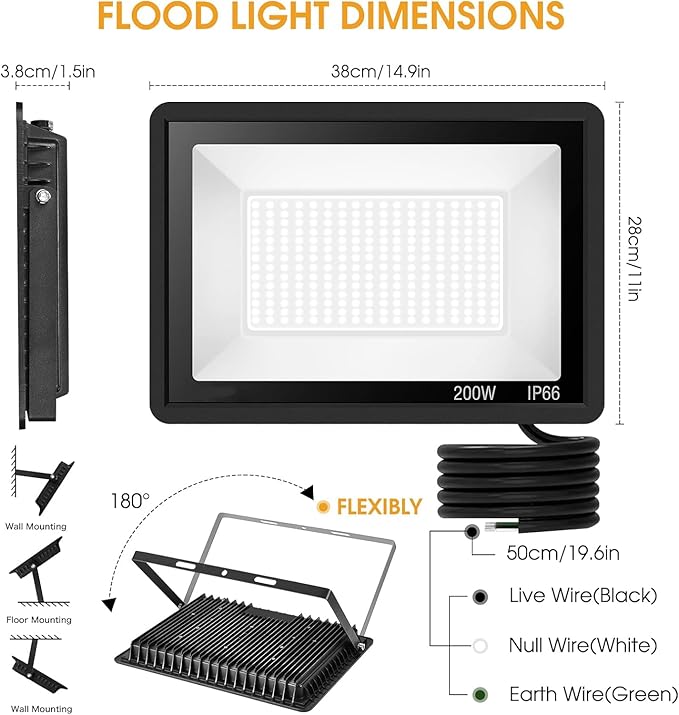 200W LED Flood Light 2 Pack, 22500lm Super Bright Security Lights, IP66 - Image 2