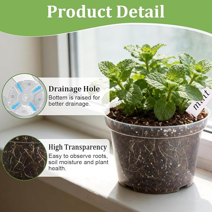 8/6/4 Inch Clear Plant Nursery Pots 15 Pack, Transparent Plastic Plant Pot - Image 3