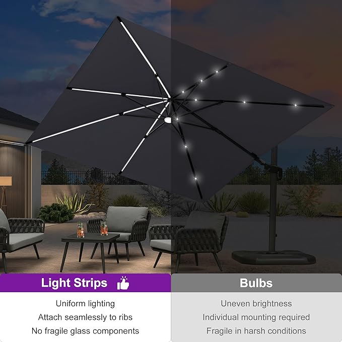 PURPLE LEAF 10 Feet Patio Umbrella Outdoor Cantilever Solar Powered LED Swivel - Image 3