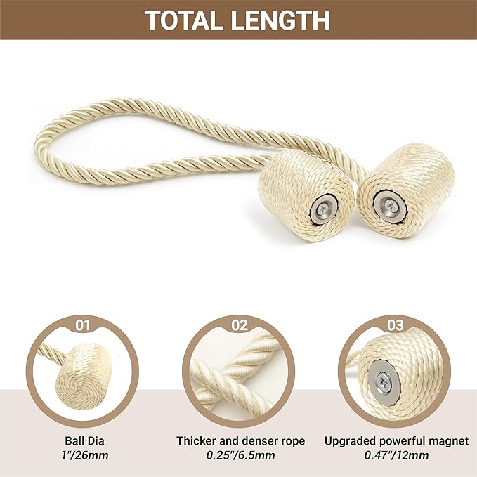Hion Magnetic Curtain Tiebacks Beige 6 Pack, Curtain Tiebacks Buckles Holdbacks - Image 2