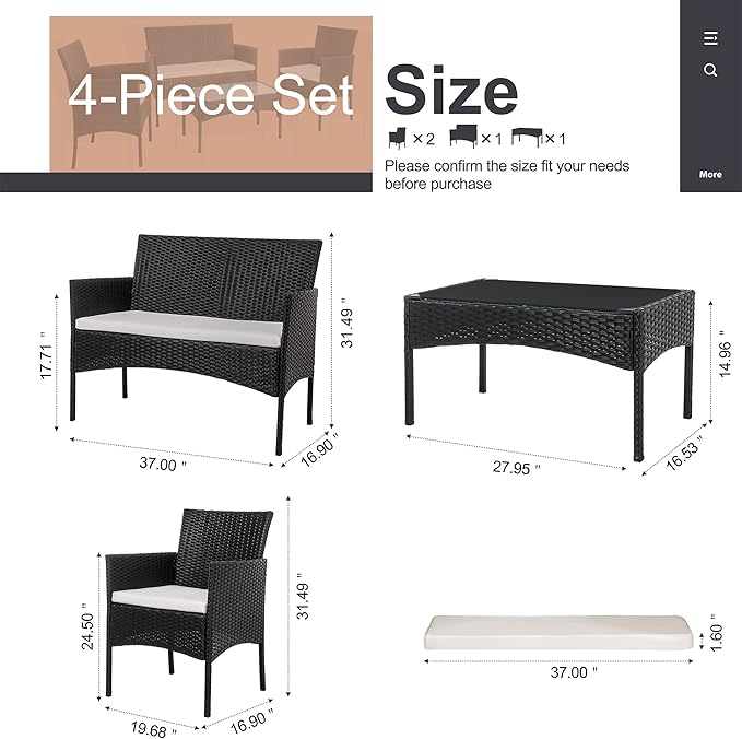 Shintenchi 4 Piece Outdoor Patio Furniture Sets, Small Wicker Patio - Image 3