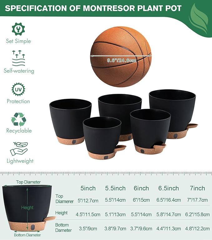 montresor 5-Pack Self-Watering Plastic Plant Pots 5/5.5/6/6.5/7 Inch– Black - Image 4