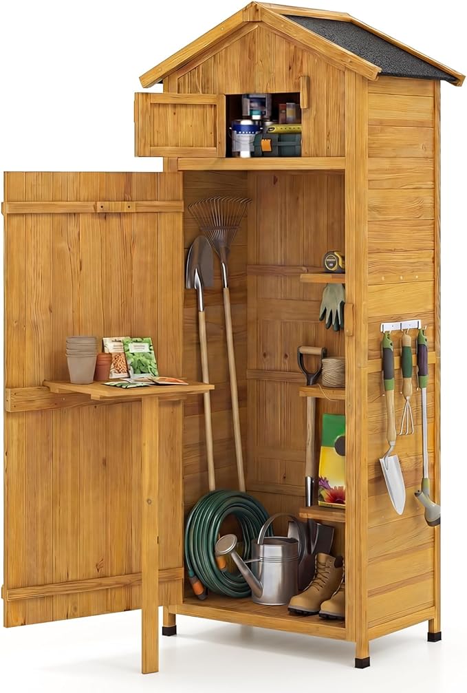 Goplus All-in-One Storage Shed, Vertical Utility Tool Organizer w/Shelves & by Goplus
