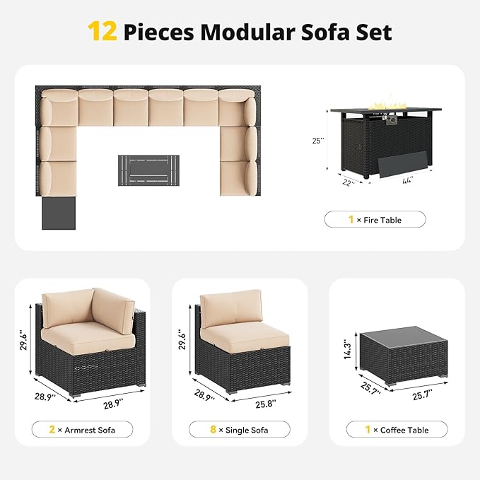 Aoxun Patio Furniture Set with Fire Pit Table, 12 Piece Outdoor Sectional Sofas - Image 7