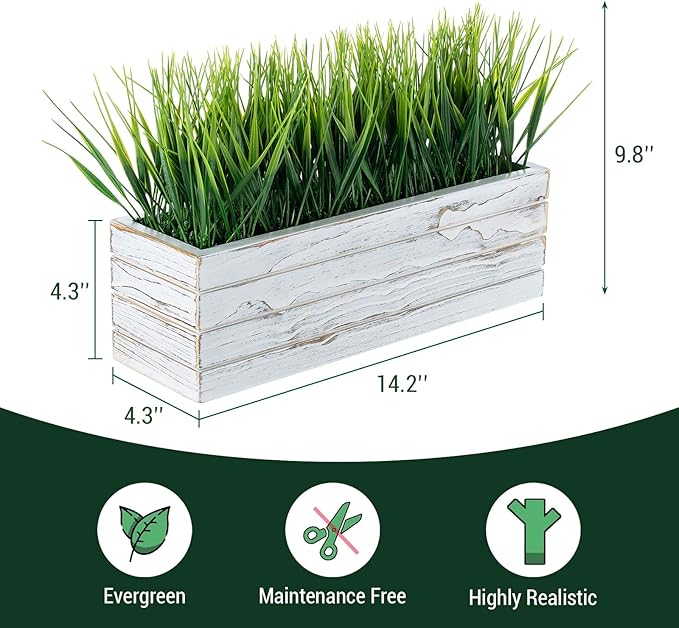 MyGift 14 Inch Artificial Green Grass Plant in Shabby White Washed Wood Planter - Image 5