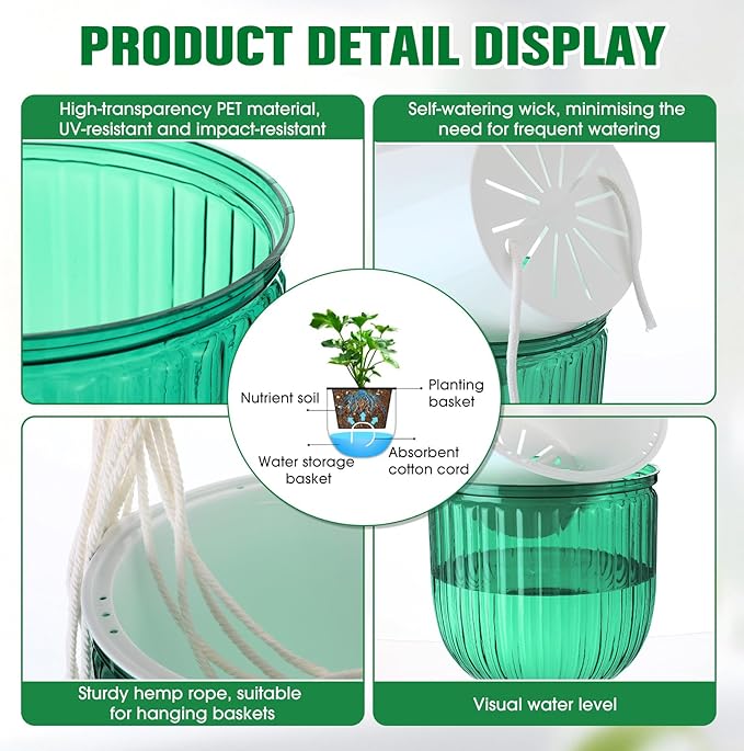 6 Pack Self Watering Hanging Planters Indoor Flower Pots Visible Water Level - Image 3