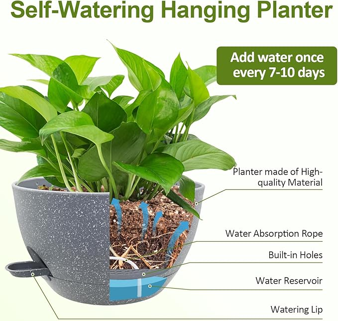 WOUSIWER Self Watering Hanging Planters, 2 Pack 12'' Plastic Pots - Image 6