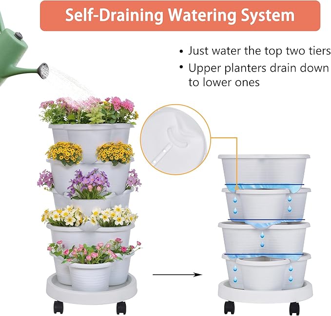 VECELO 5 Tier Vertical Garden Planter, Self Watering Stackable Planters - Image 3